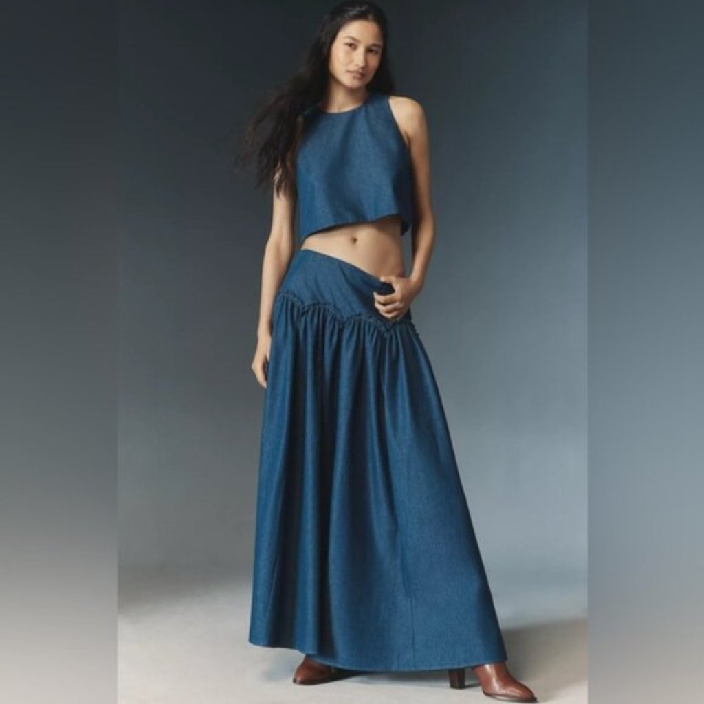 Nwt Size Xl- Mare Mare Cotton Basque-Waist Denim Blue Maxi Skirt (Nwt Us$ 148)